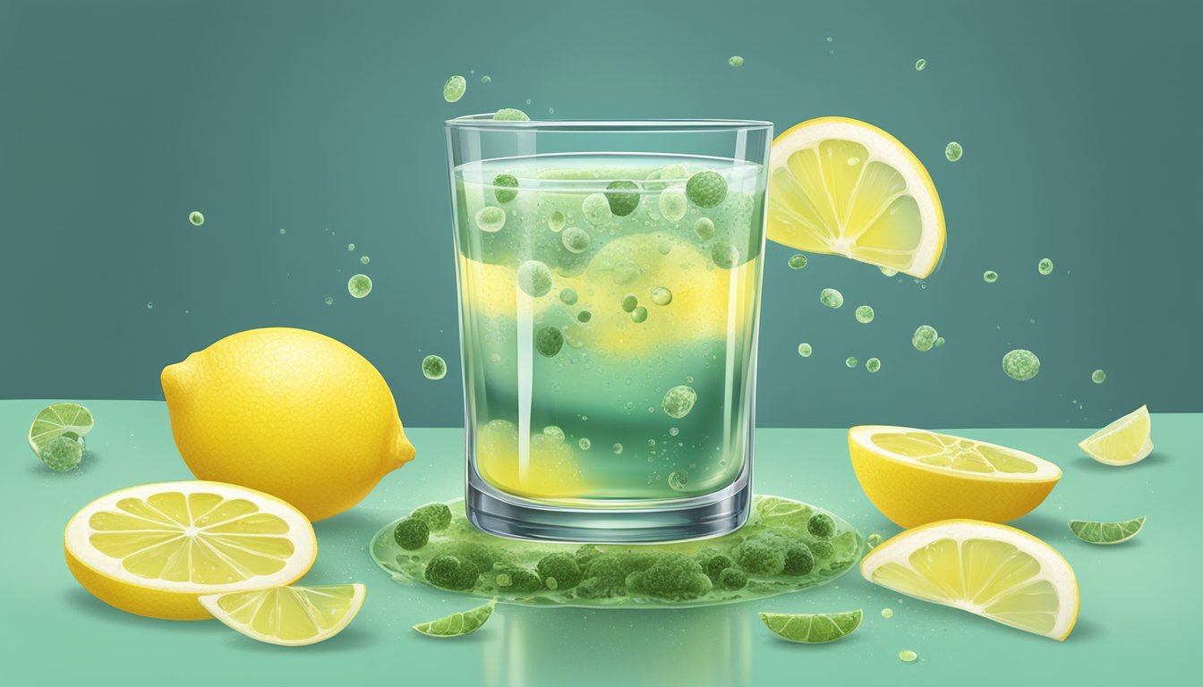 A glass of expired lemon juice surrounded by moldy lemon slices and a petri dish with bacterial colonies growing in the juice