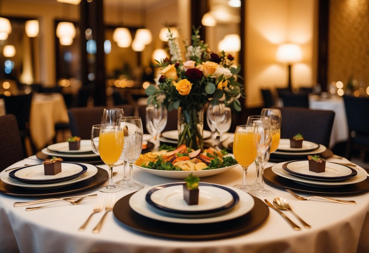 A table set with elegant place settings and a variety of food and drink options, surrounded by a warm and inviting atmosphere
