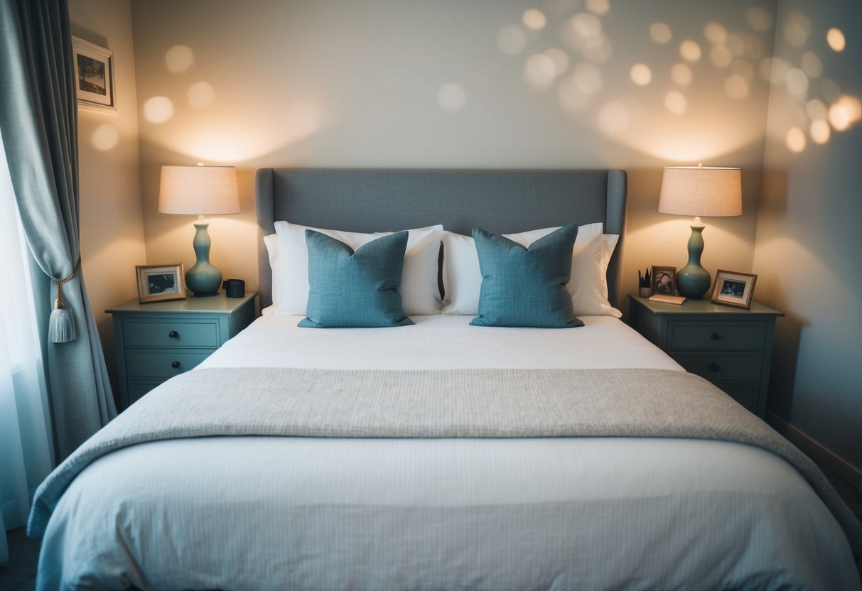 A cozy bedroom with soft lighting, two nightstands, and a neatly made bed, with subtle hints of intimacy and emotional connection through personal items and decor