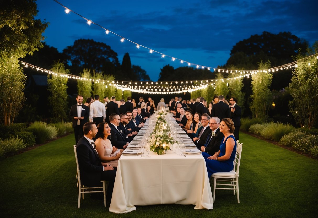 A long banquet table stretches across a lush garden, adorned with elegant place settings and twinkling lights. Guests mingle under a starry sky, surrounded by laughter and the scent of delicious food