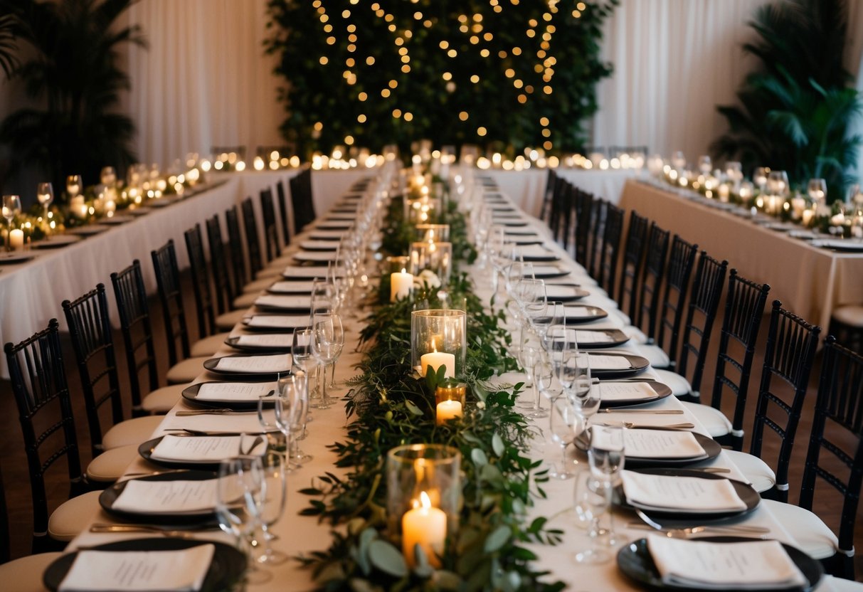 A long banquet table set with elegant place settings and surrounded by lush greenery, twinkling lights, and flickering candles, creating a warm and intimate atmosphere for a rehearsal dinner