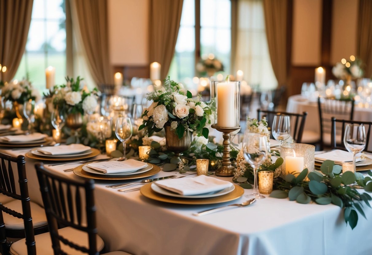 A beautifully set table with a blend of traditional and personal elements, such as family heirlooms and custom decorations, creates a warm and inviting atmosphere for a wedding rehearsal dinner