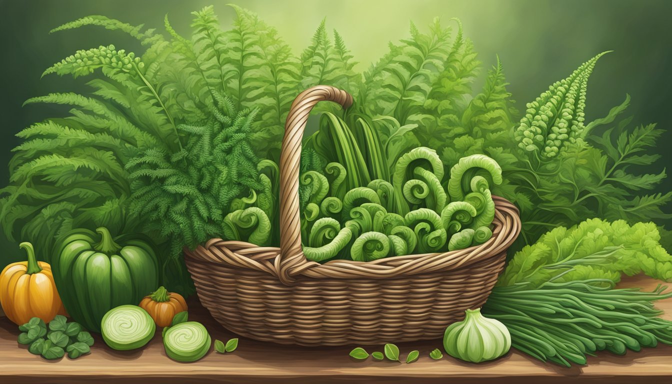 A basket of fresh fiddlehead ferns sits on a wooden table, surrounded by various vegetables and herbs. The vibrant green ferns are neatly arranged, showcasing their unique spiral shape and delicate fronds