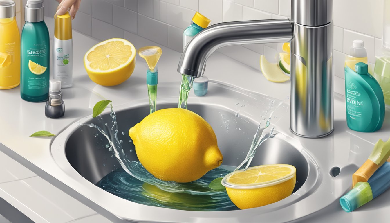 A lemon with expired juice being poured into a sink, surrounded by various household and beauty products being used in creative ways