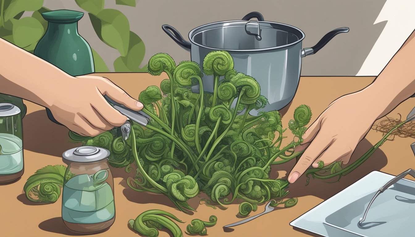 A person holding a fiddlehead fern, surrounded by safety and preparation equipment such as gloves, a cutting board, and a pot of boiling water