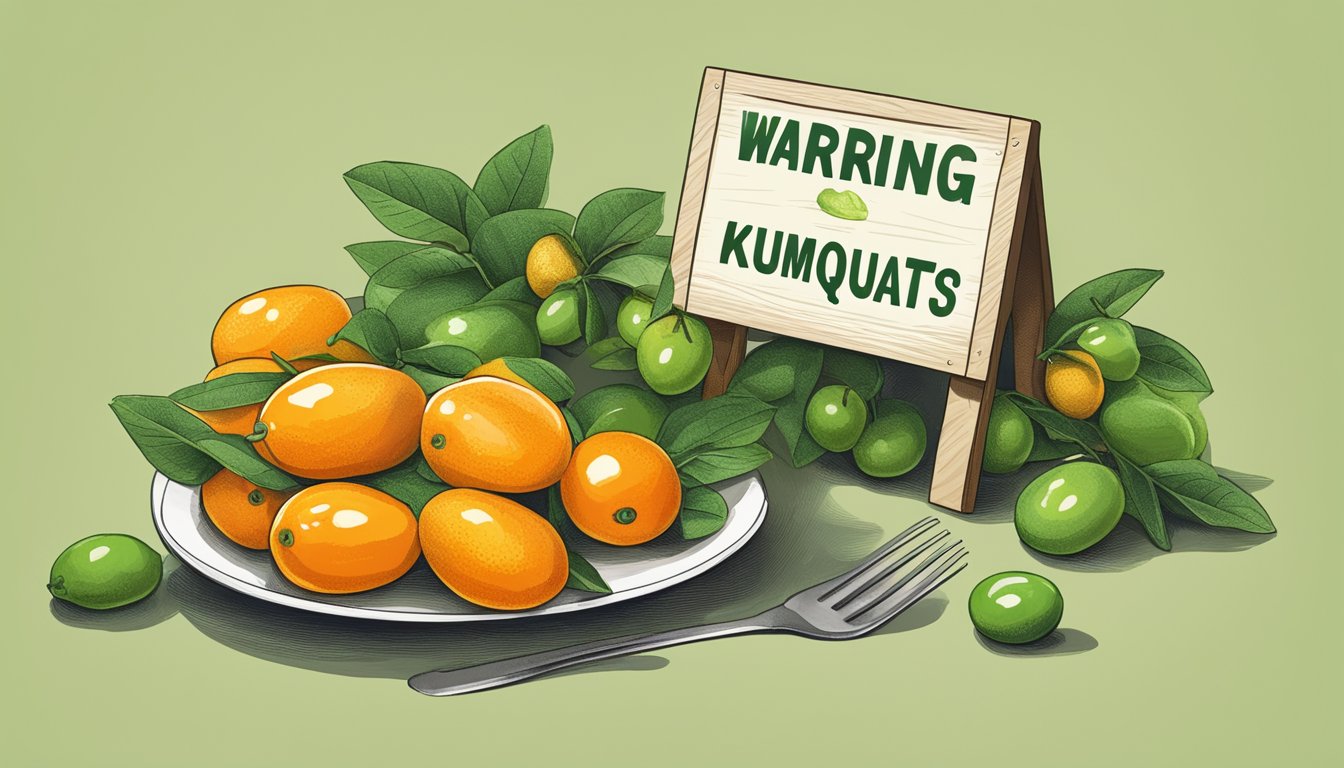 A pile of unripe kumquats next to a warning sign and a crossed-out fork and knife symbol