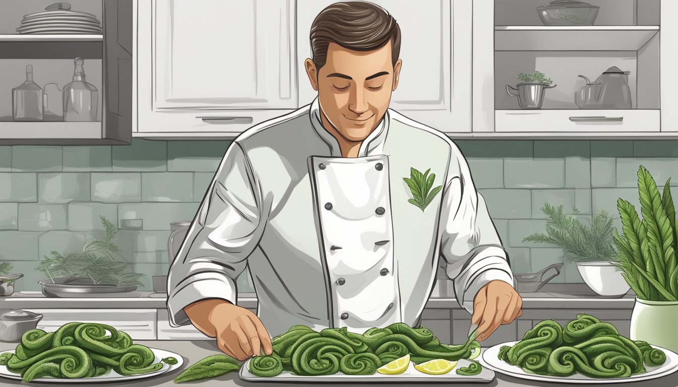 A chef carefully prepares and serves a plate of cooked fiddlehead ferns with a side of lemon wedges and a sprinkle of sea salt