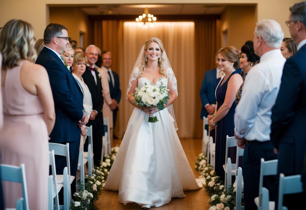 The bride walks down the aisle during rehearsal