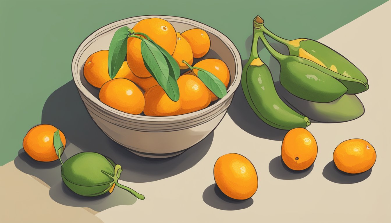 A bowl of unripe kumquats next to a ripe one. Some are yellow-orange, others still green. A paper bag and a banana nearby