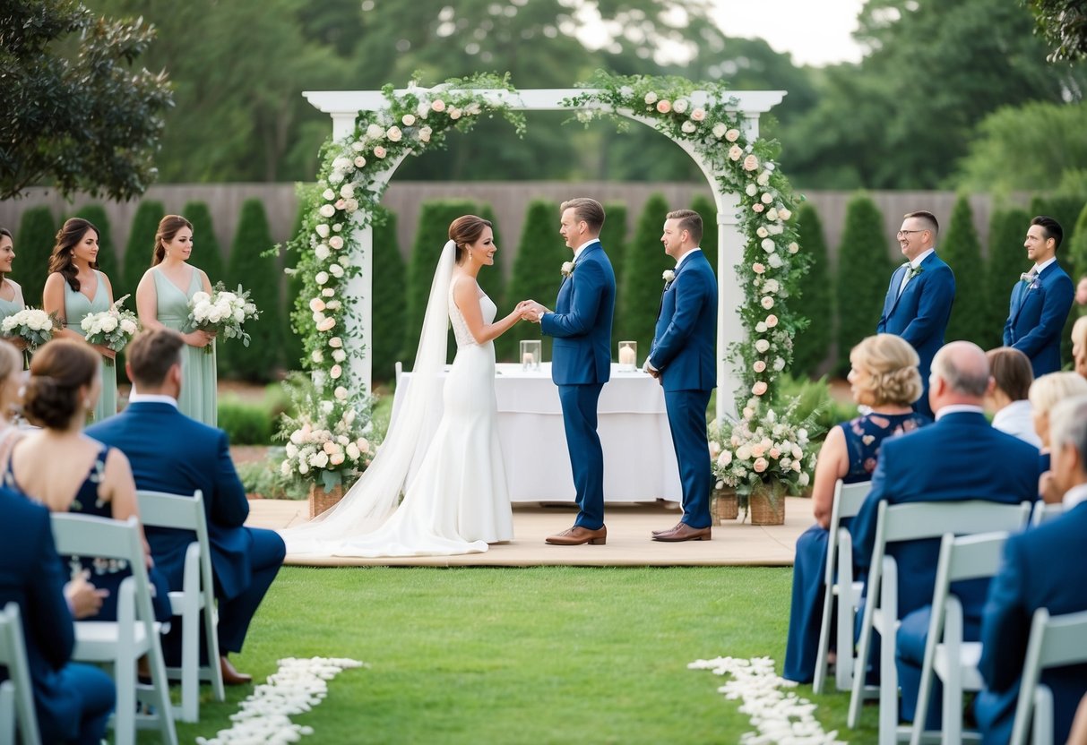 A wedding rehearsal: a serene garden setting with a decorated arch, floral arrangements, and seating for guests. A couple stands at the altar practicing their vows while a planner oversees the event