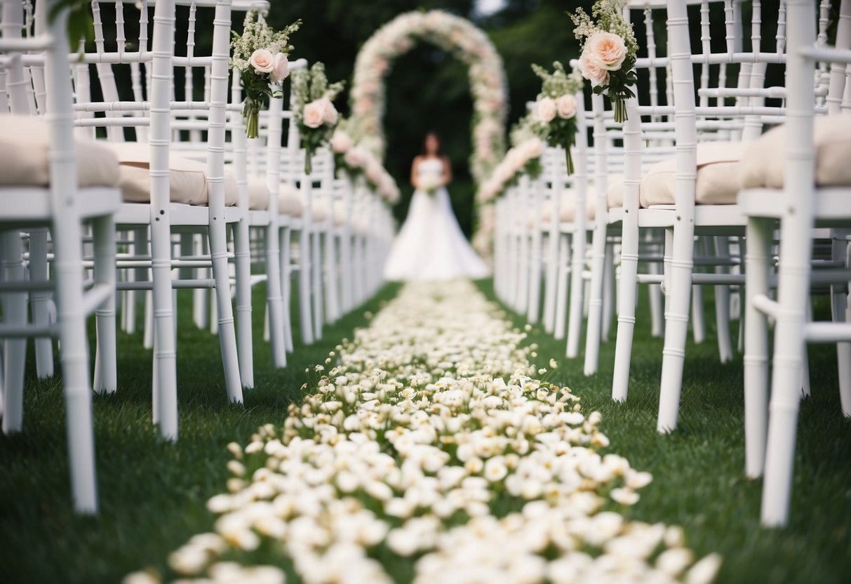 A flower-strewn aisle with two rows of chairs, leading to an arch at the end