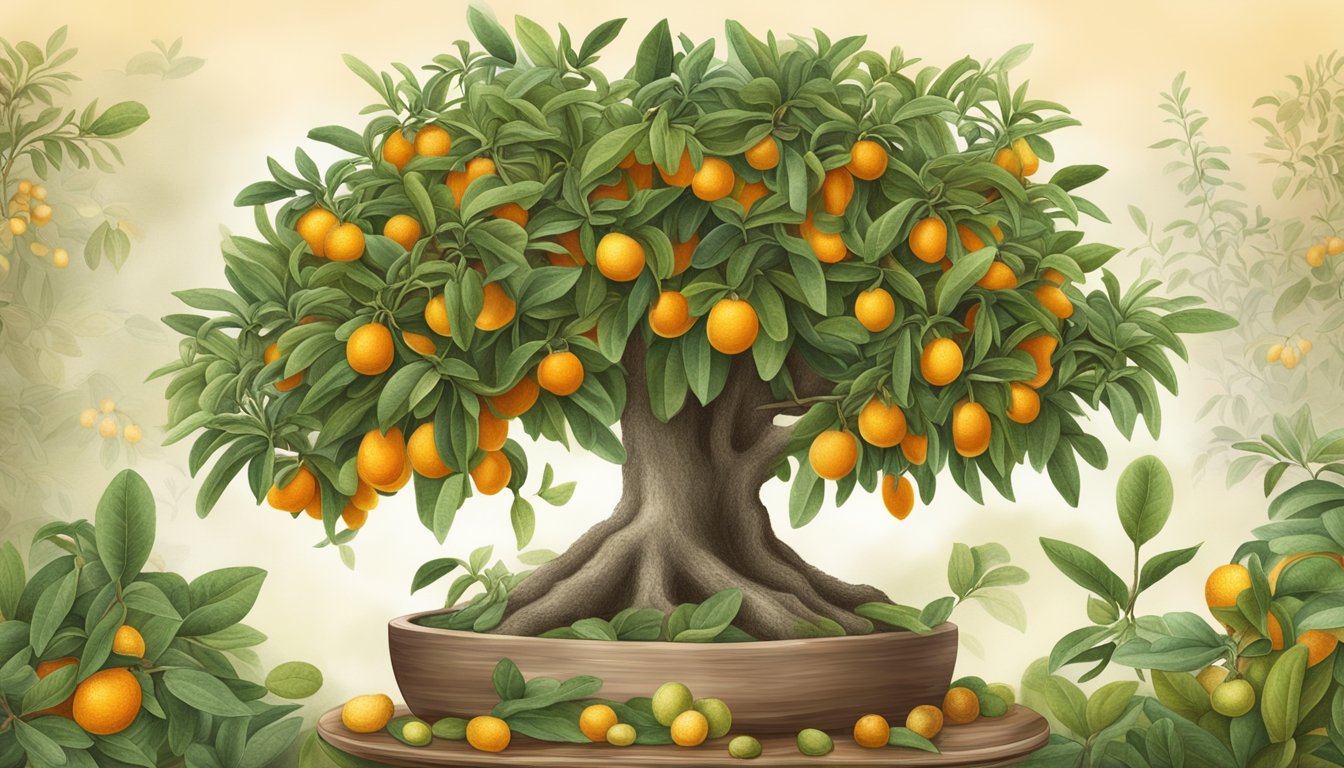 A kumquat tree with ripe and unripe fruit, surrounded by traditional and alternative medicine herbs and remedies