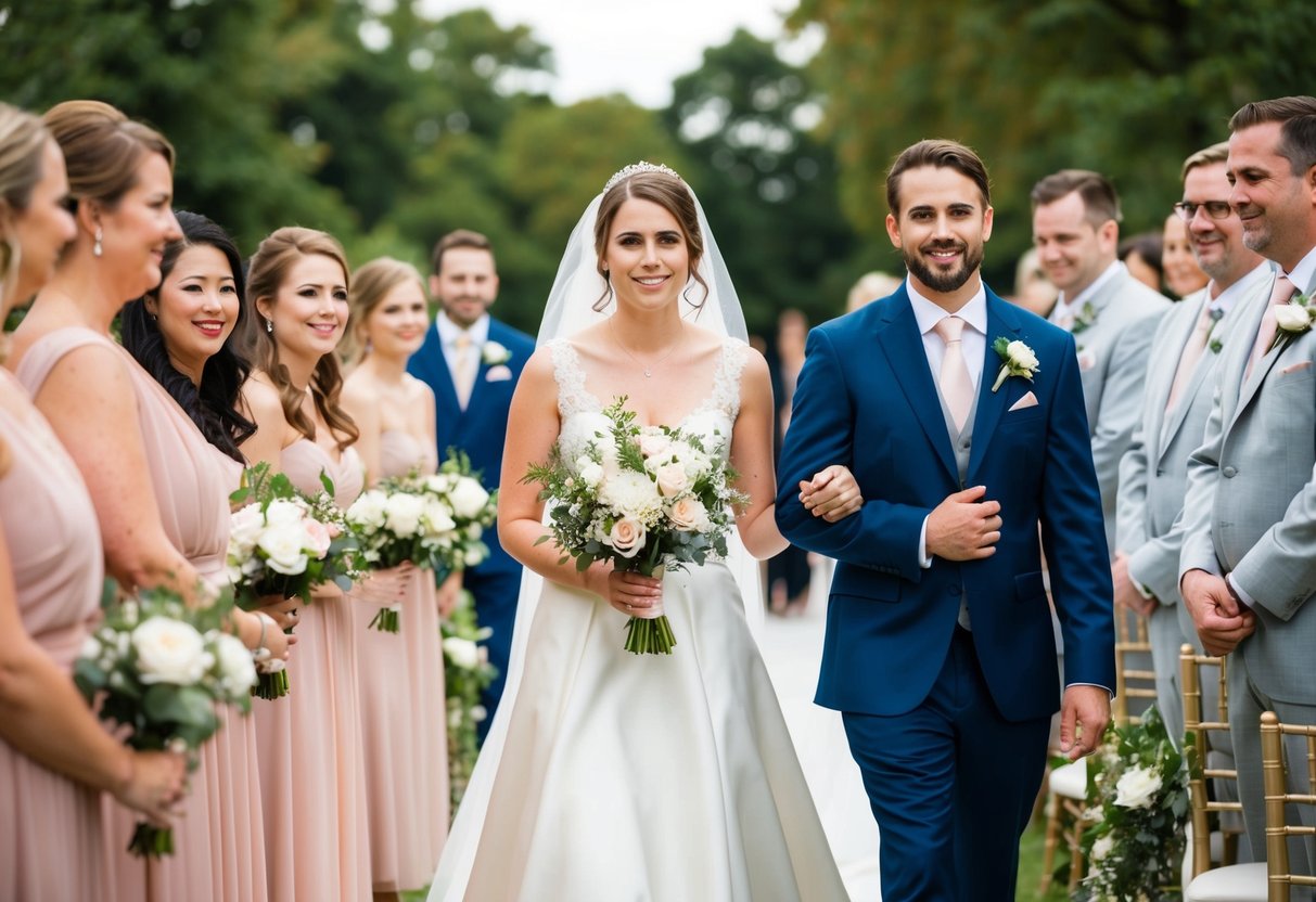 The bride leads the procession down the aisle, followed by the groom and wedding party