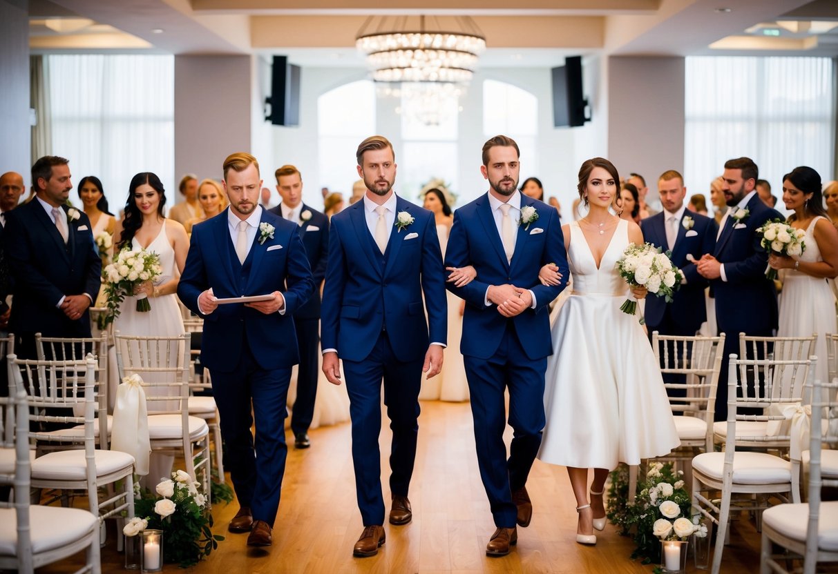 Participants gather in a wedding venue, practicing their roles. The bride and groom walk through their vows, while the wedding party rehearses their entrances and exits. The atmosphere is relaxed and focused, ensuring a smooth ceremony