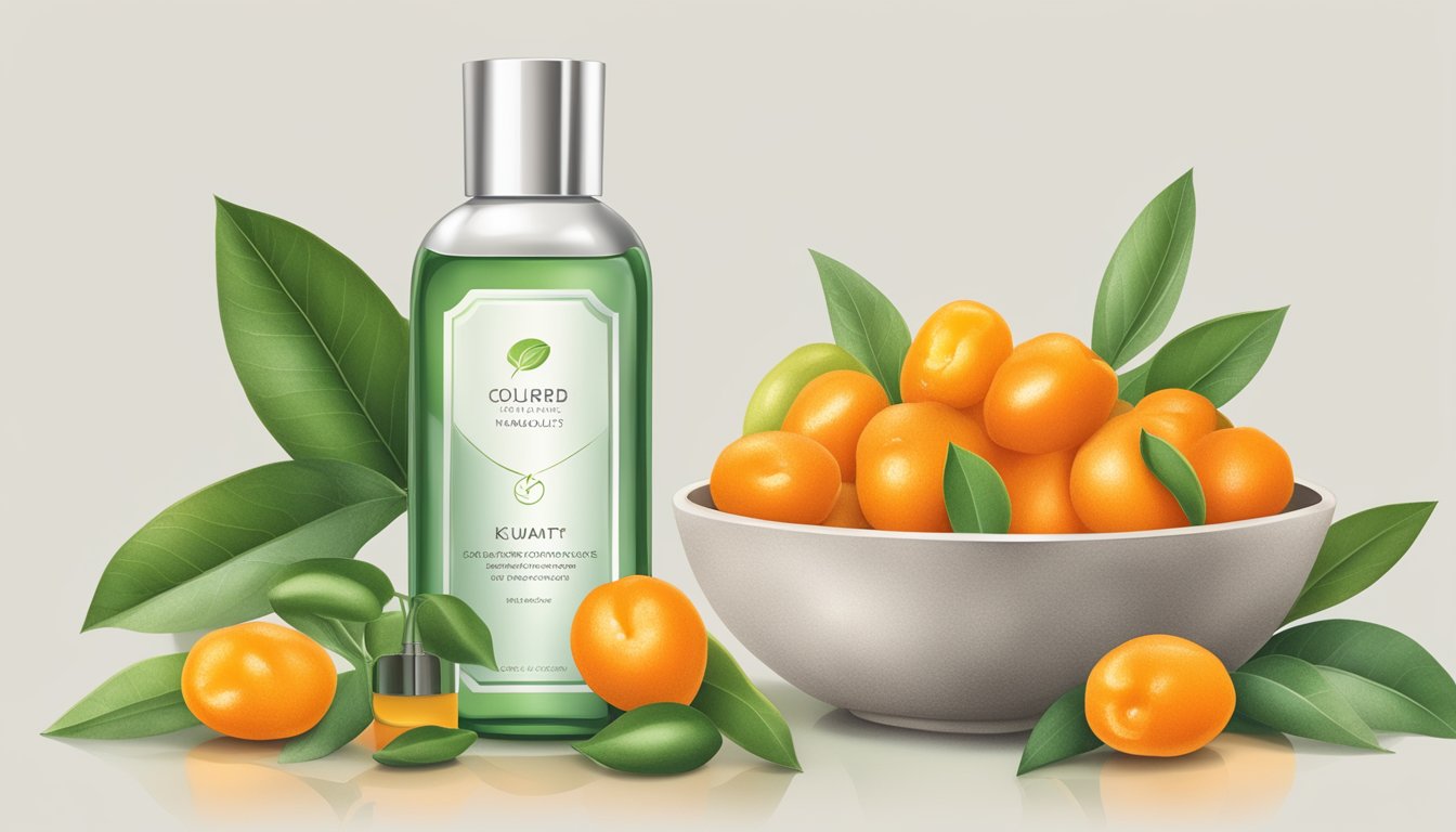 A bowl of unripe kumquats sits next to a bottle of beauty and personal care products