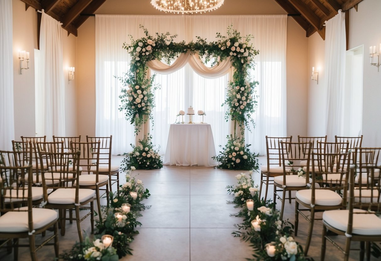 The wedding venue is set with chairs and an aisle. The altar is adorned with flowers and the arch is decorated with flowing fabric