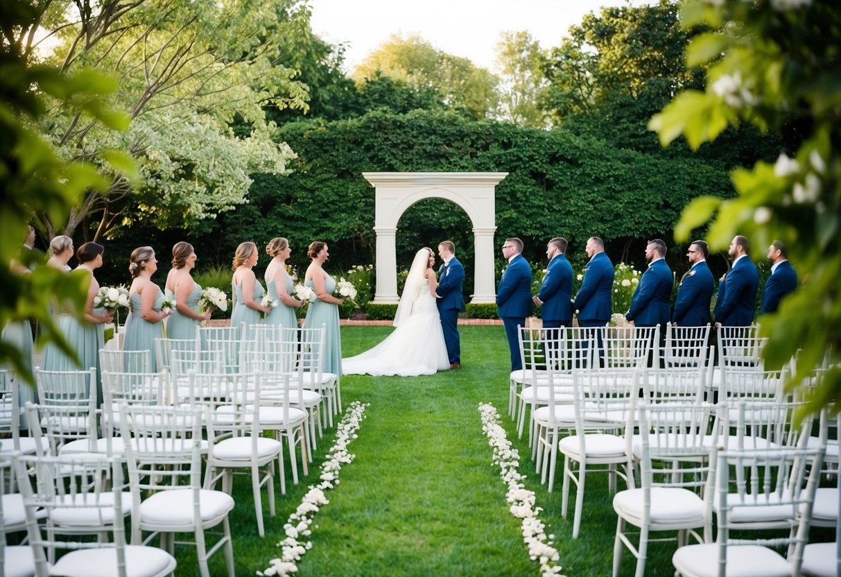 A wedding rehearsal taking place in a serene garden, with a beautiful archway and rows of chairs set up for the ceremony