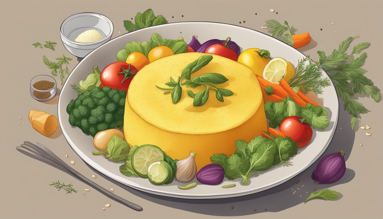 A bowl of freshly cooked polenta surrounded by colorful vegetables and a variety of herbs and spices