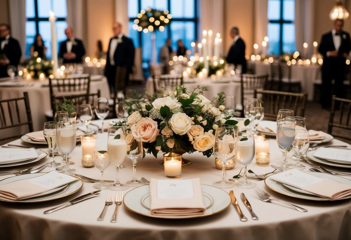 A beautifully set table with elegant place settings, surrounded by soft candlelight and floral centerpieces, awaits the arrival of guests for the wedding rehearsal dinner