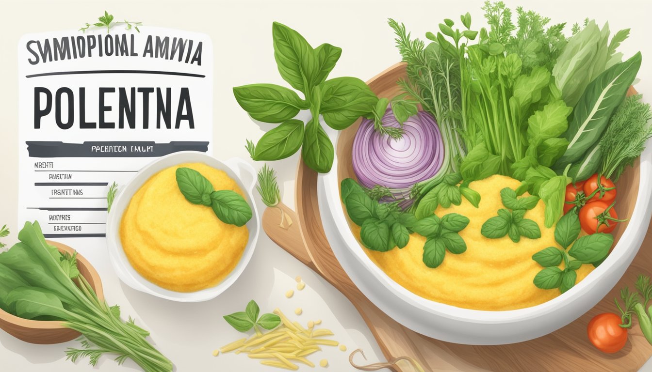 A steaming bowl of polenta surrounded by fresh herbs and vegetables, with a nutrition label in the background