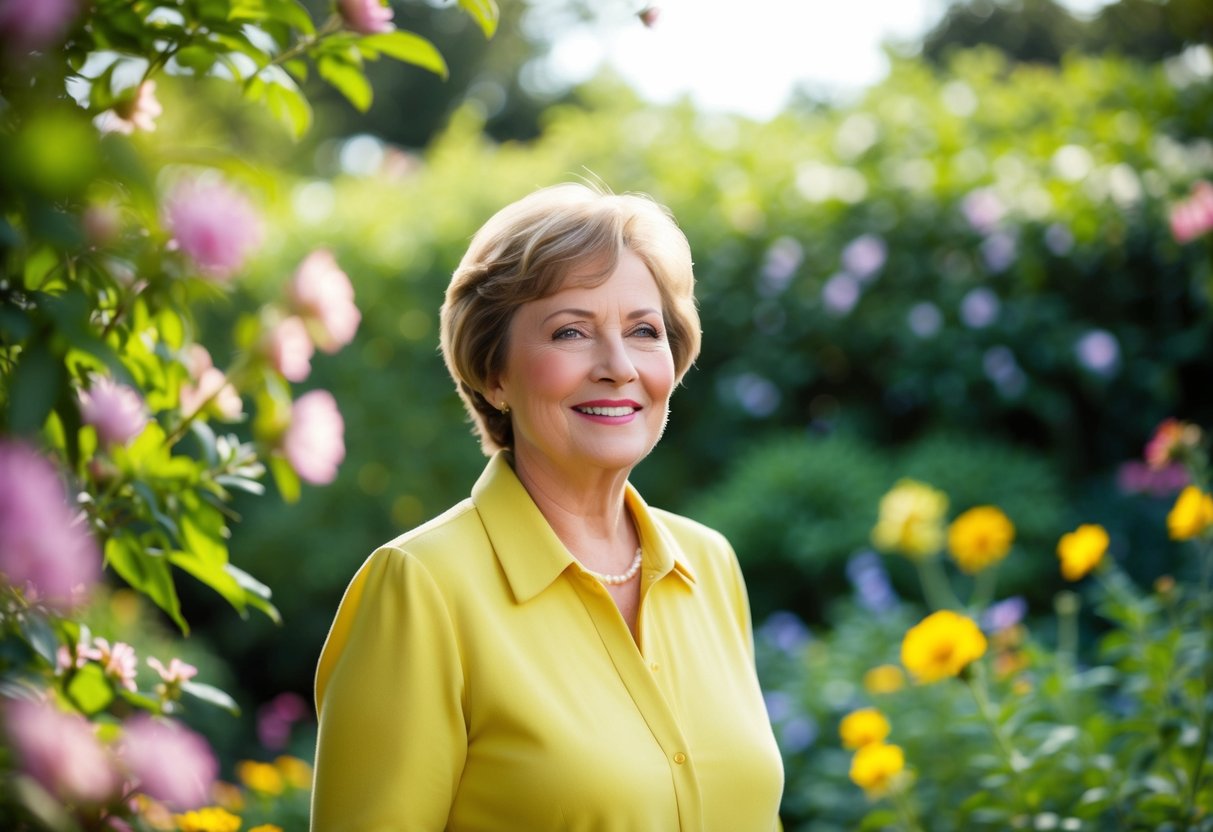 A 55-year-old woman stands in a lush garden, surrounded by blooming flowers and a gentle breeze, with a warm and hopeful expression on her face