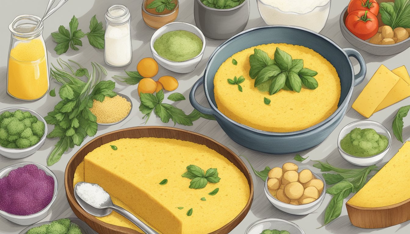 A steaming bowl of polenta surrounded by various gluten-free and dairy-free ingredients