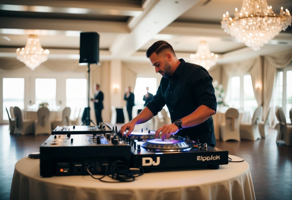 A DJ setting up equipment in a spacious, elegant venue for a wedding rehearsal
