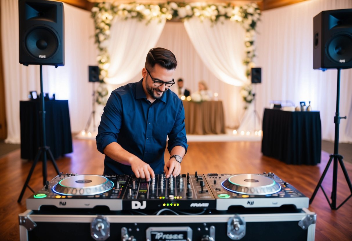 A DJ setting up equipment and speakers in a decorated wedding venue for a rehearsal