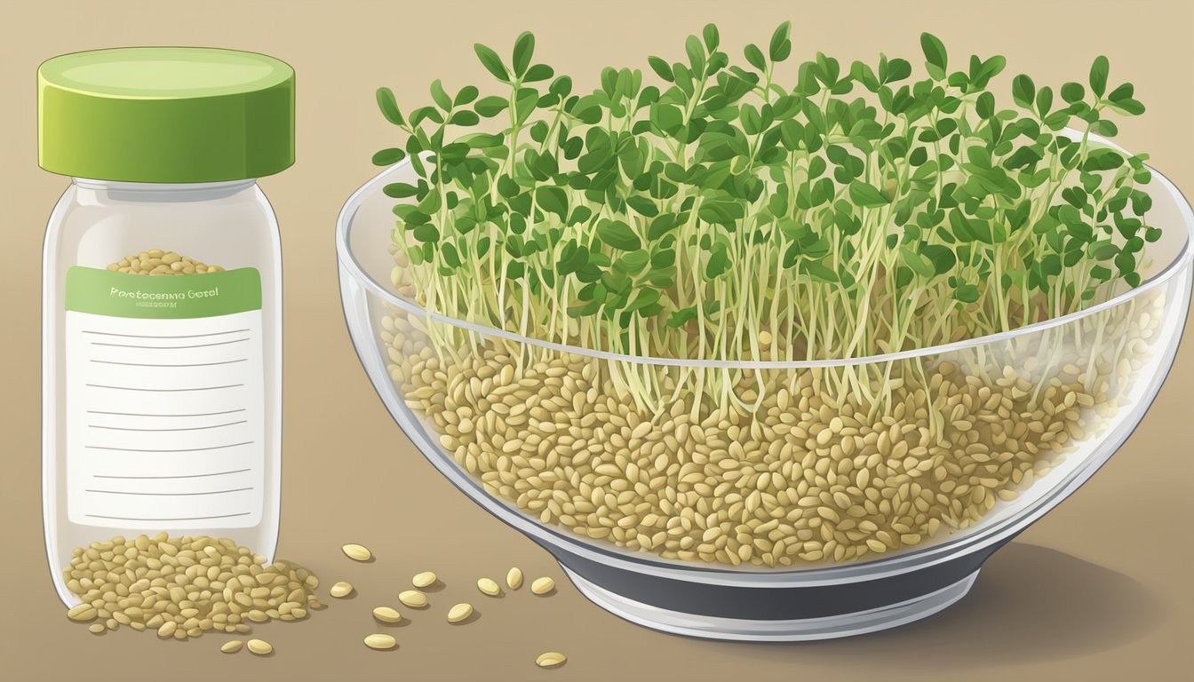 A bowl of fresh fenugreek sprouts, surrounded by seeds and a small plant, with a label indicating its safety for consumption