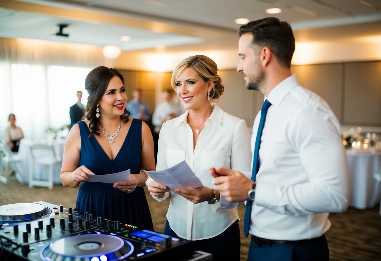 A wedding planner and DJ discussing details at a rehearsal venue