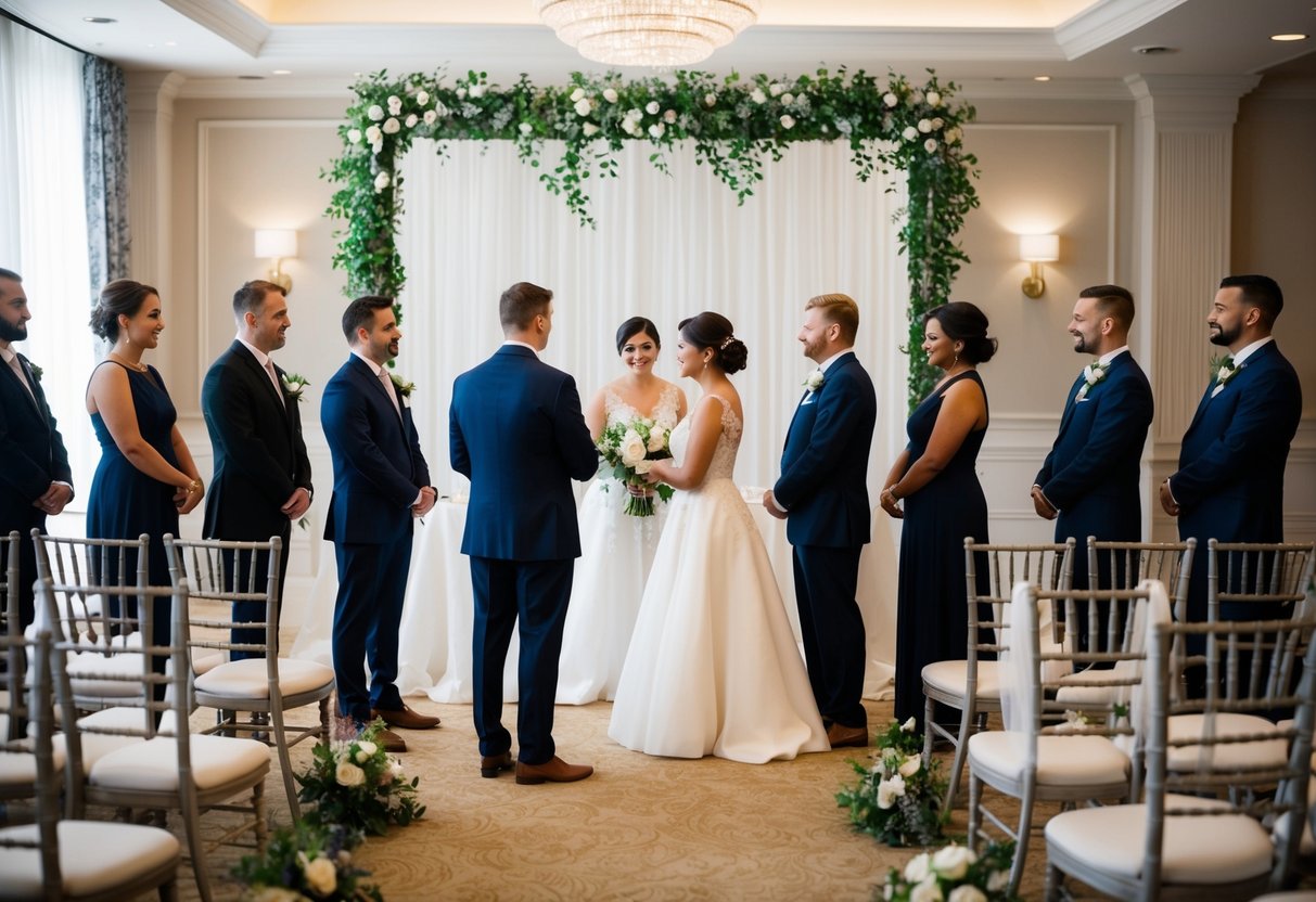 A group of people stand in a decorated venue, practicing their roles for a wedding ceremony. The atmosphere is formal and focused