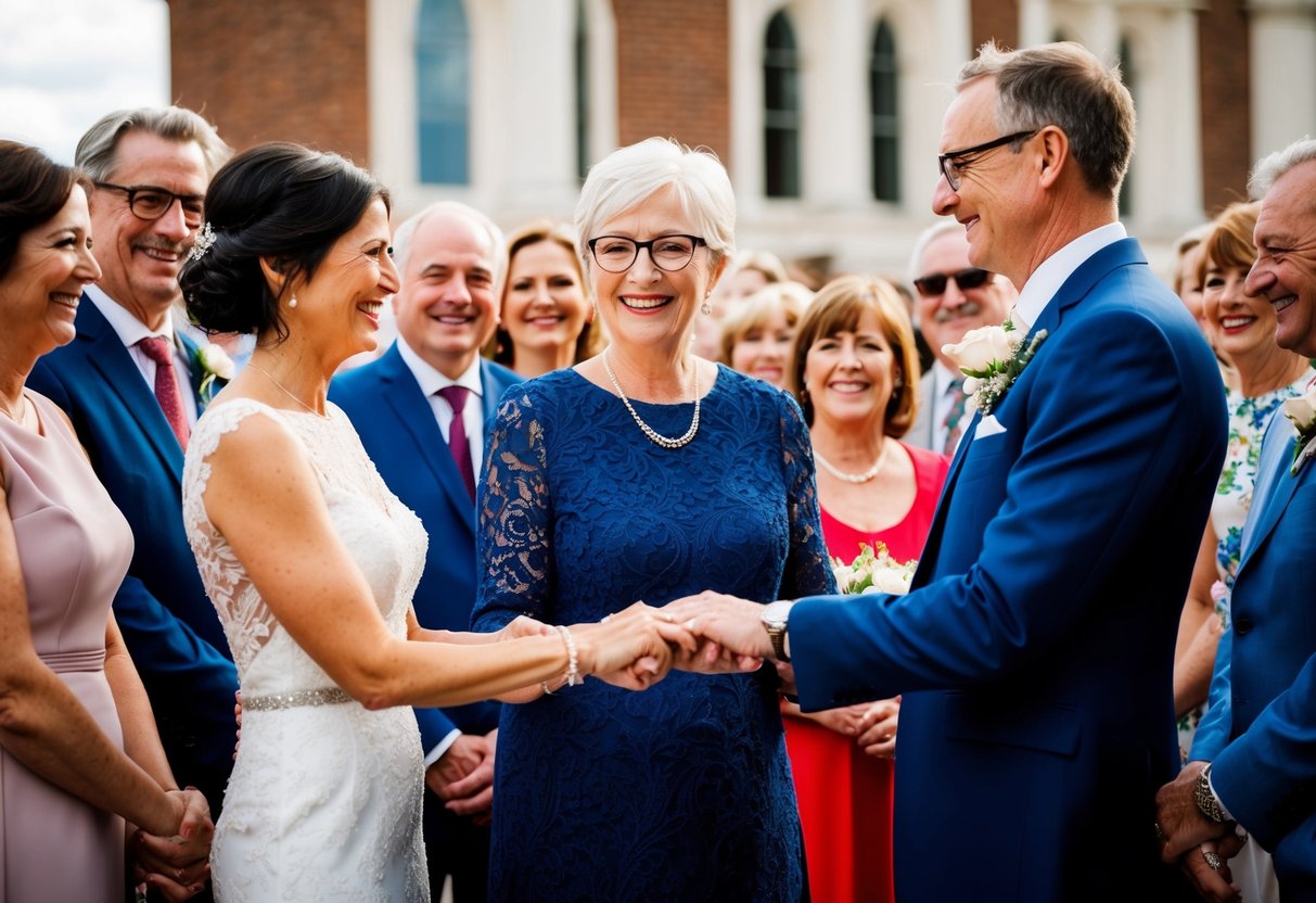 A 55-year-old woman holding hands with a partner at a wedding ceremony, surrounded by smiling family and friends