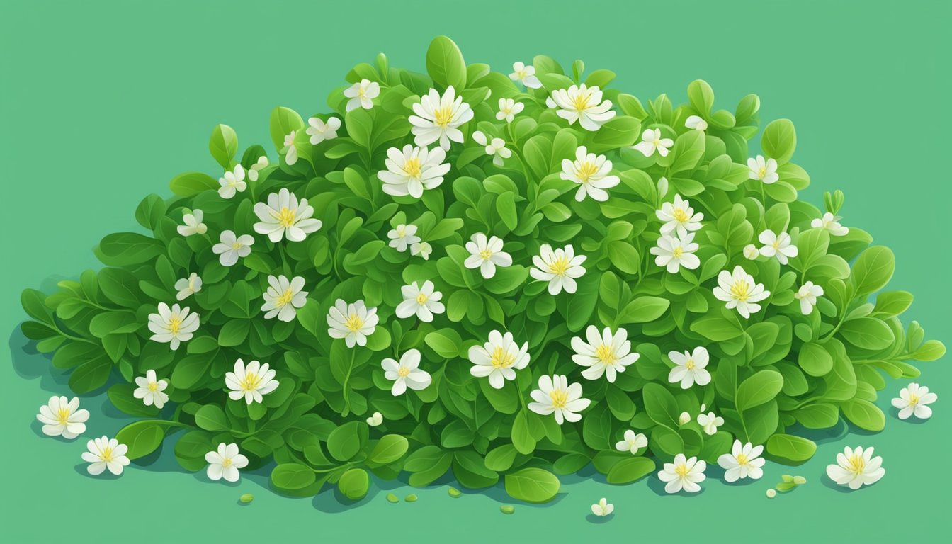 A pile of fresh fenugreek sprouts surrounded by vibrant green leaves and small white flowers, with a sense of freshness and vitality