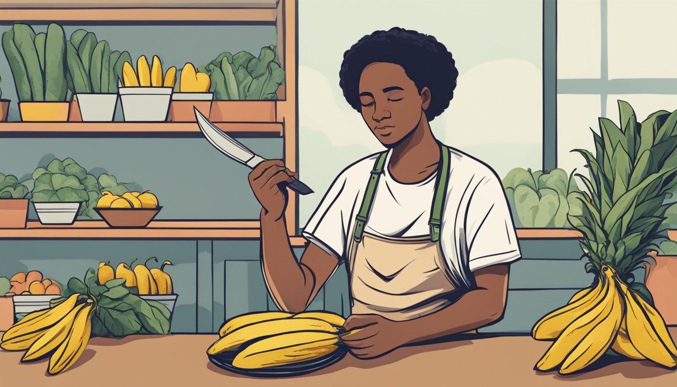 A person holding a ripe plantain in one hand and a knife in the other, with a thoughtful expression on their face while considering whether it is safe to eat