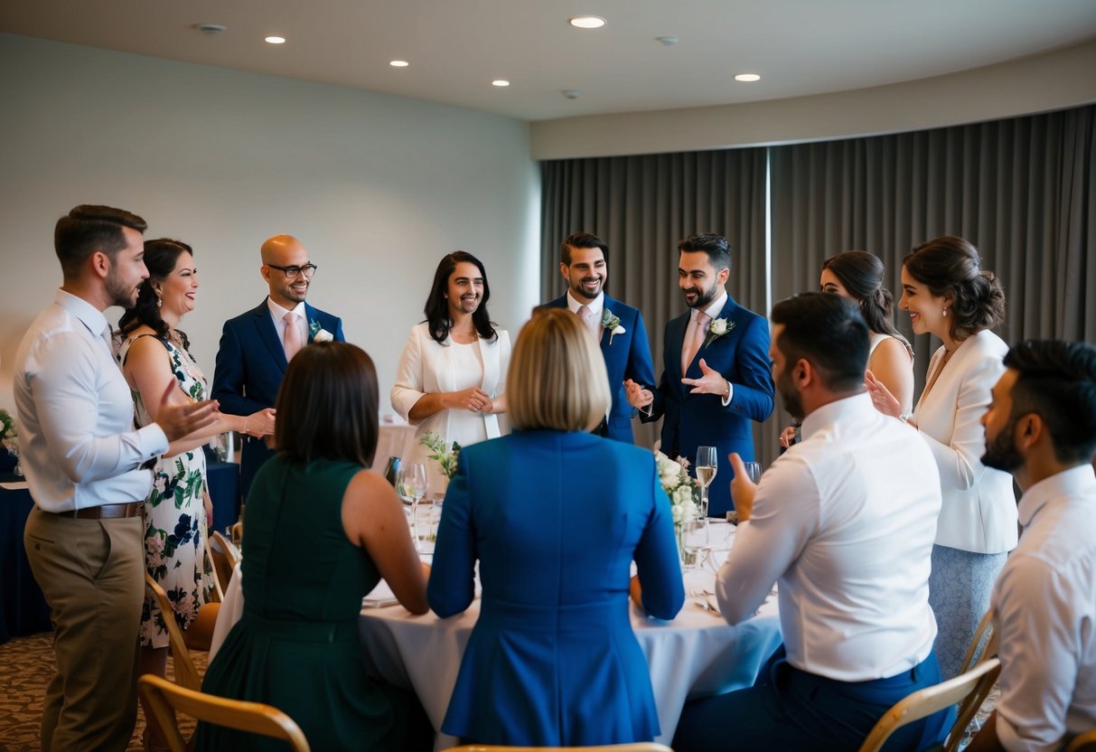 A group of people gathered in a room, discussing and gesturing as they decide who should attend the wedding rehearsal