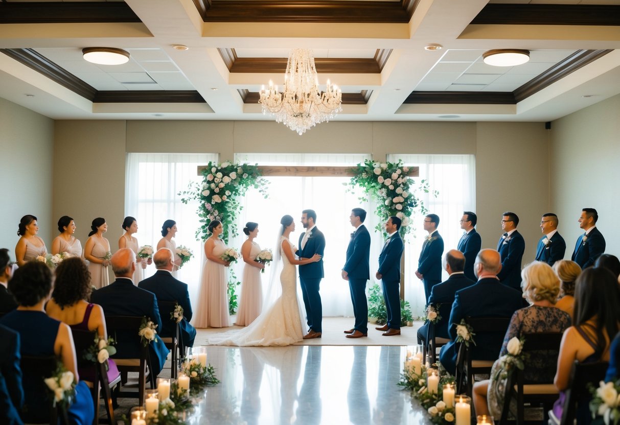 A group of people stand in a decorated ceremony space, practicing their roles and movements for an upcoming wedding