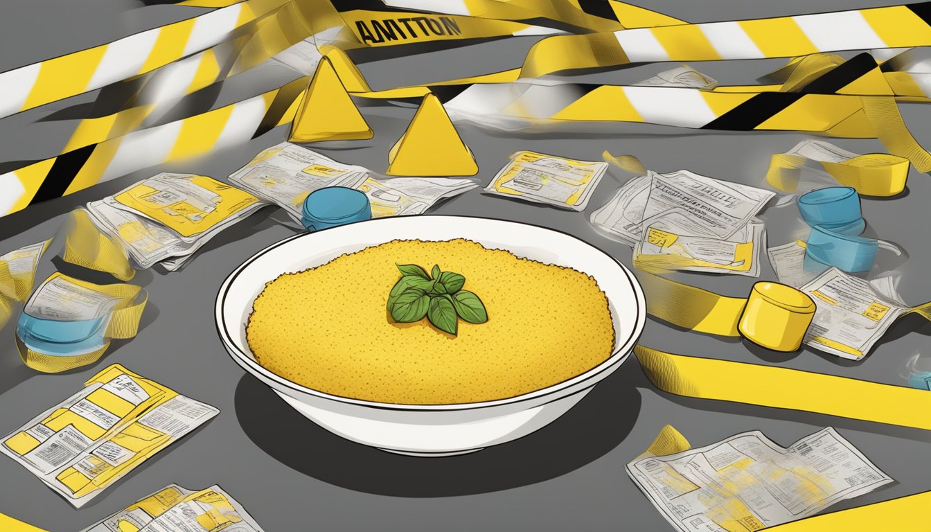 A bowl of polenta surrounded by warning signs and caution tape