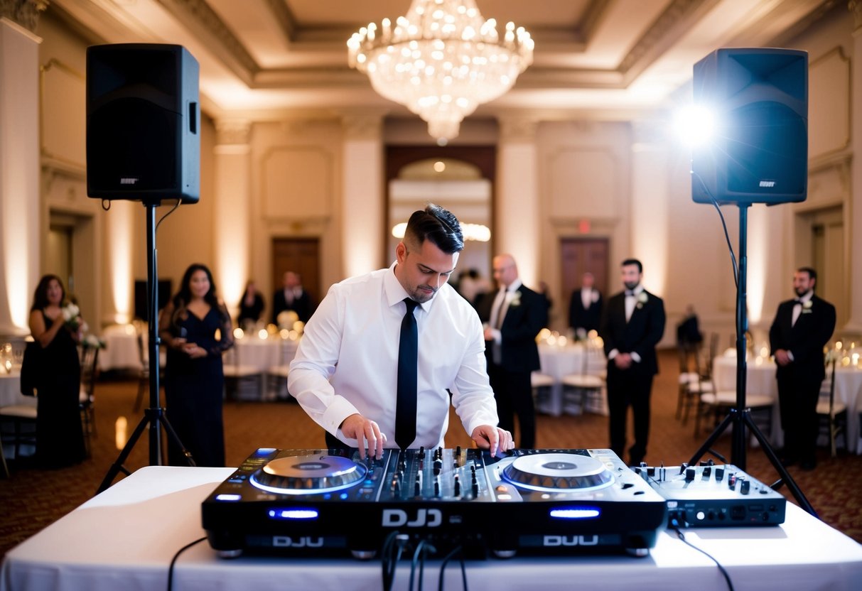 A wedding rehearsal with a DJ setting up equipment and adjusting lighting in a grand ballroom