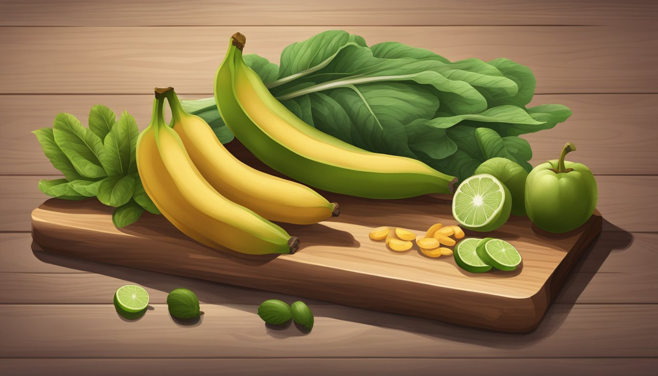 A ripe plantain and a green plantain sitting on a wooden cutting board, surrounded by various fruits and vegetables