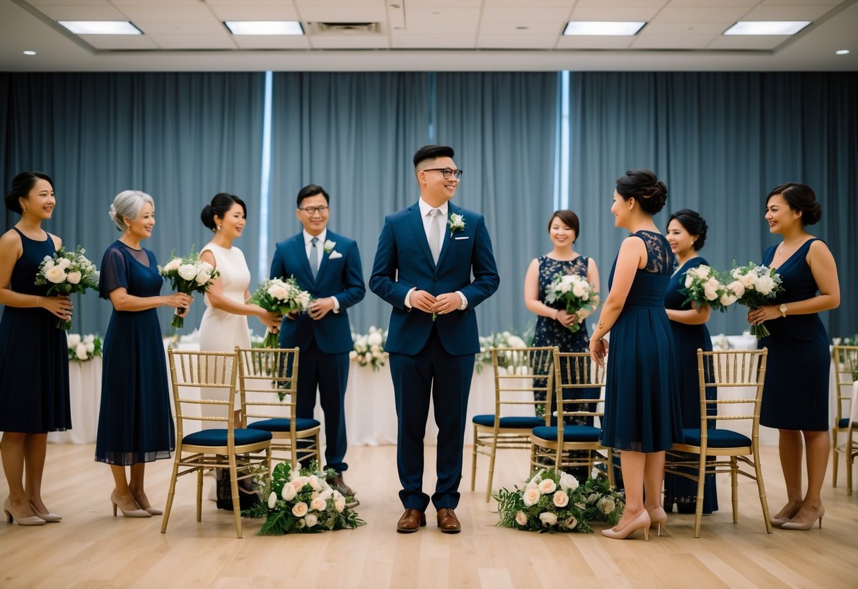 A group of people stand in a formal setting, arranging flowers, setting up chairs, and practicing their roles for the upcoming wedding ceremony