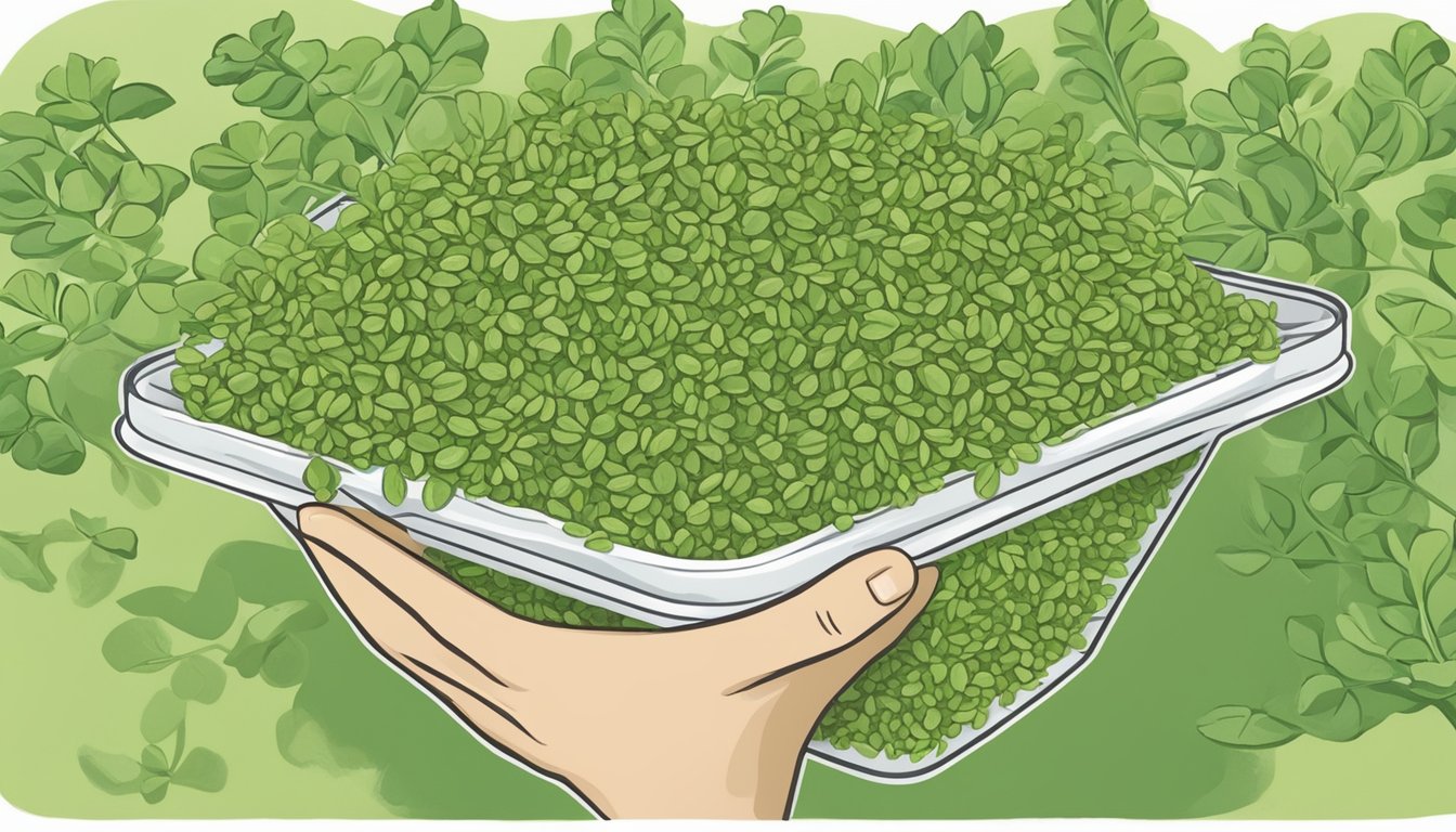 A person holding a container of fenugreek sprouts, with a question mark hovering above them