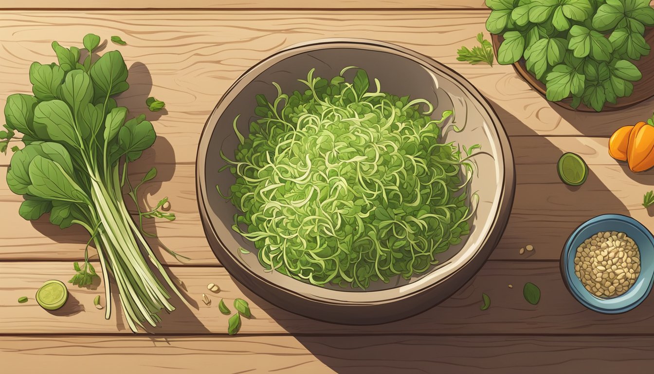 A bowl of fresh fenugreek sprouts sits on a wooden cutting board, surrounded by vibrant vegetables and herbs, ready to be incorporated into a healthy meal