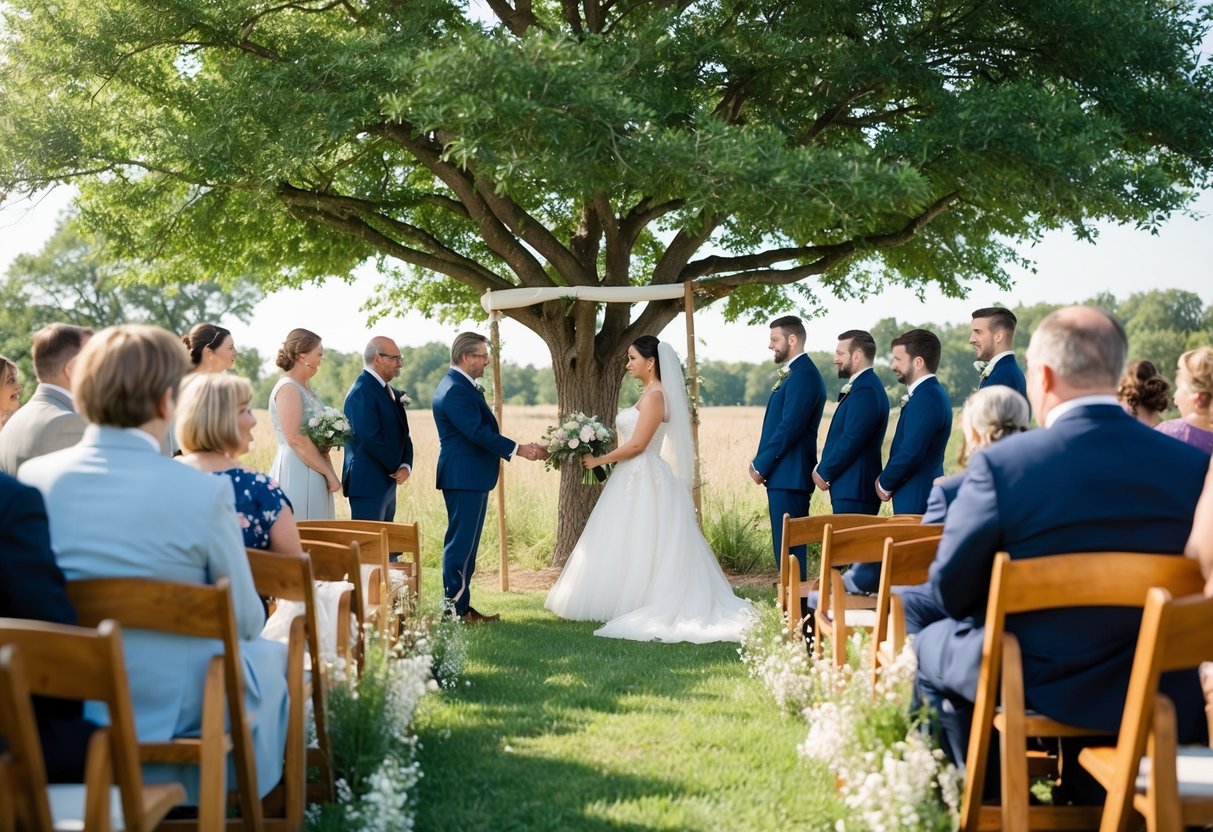 A simple outdoor wedding ceremony under a tree with handmade decorations and wildflowers