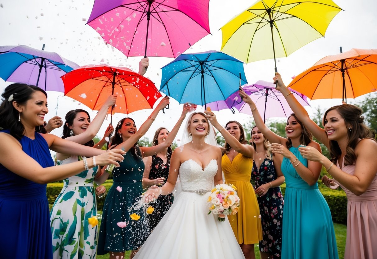 A group of friends gather around the bride, holding up colorful umbrellas as they shower her with flower petals and confetti