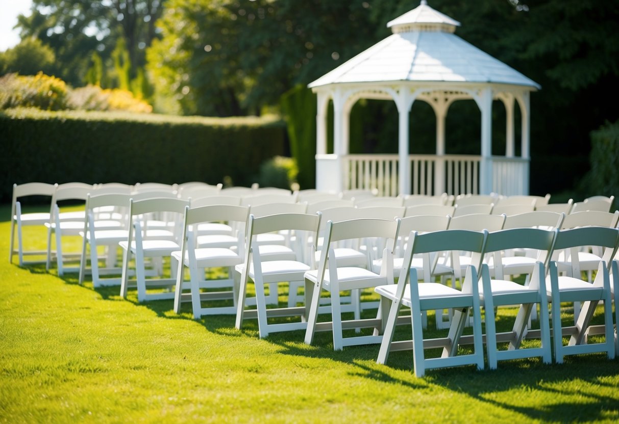 A sunny afternoon in a garden with a gazebo and rows of chairs set up for a wedding rehearsal