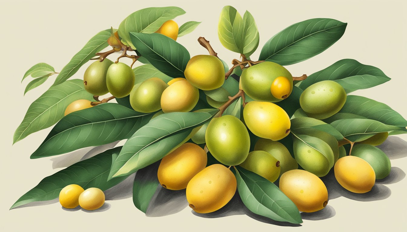 A pile of unripe loquats with a mix of green and yellow colors, some still attached to the branch, with a few leaves scattered around