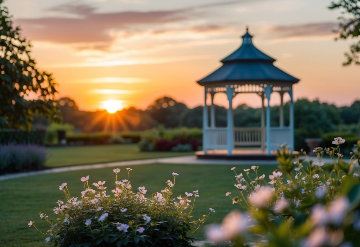 A serene sunset over a tranquil garden, with a softly lit gazebo and a scattering of delicate flowers