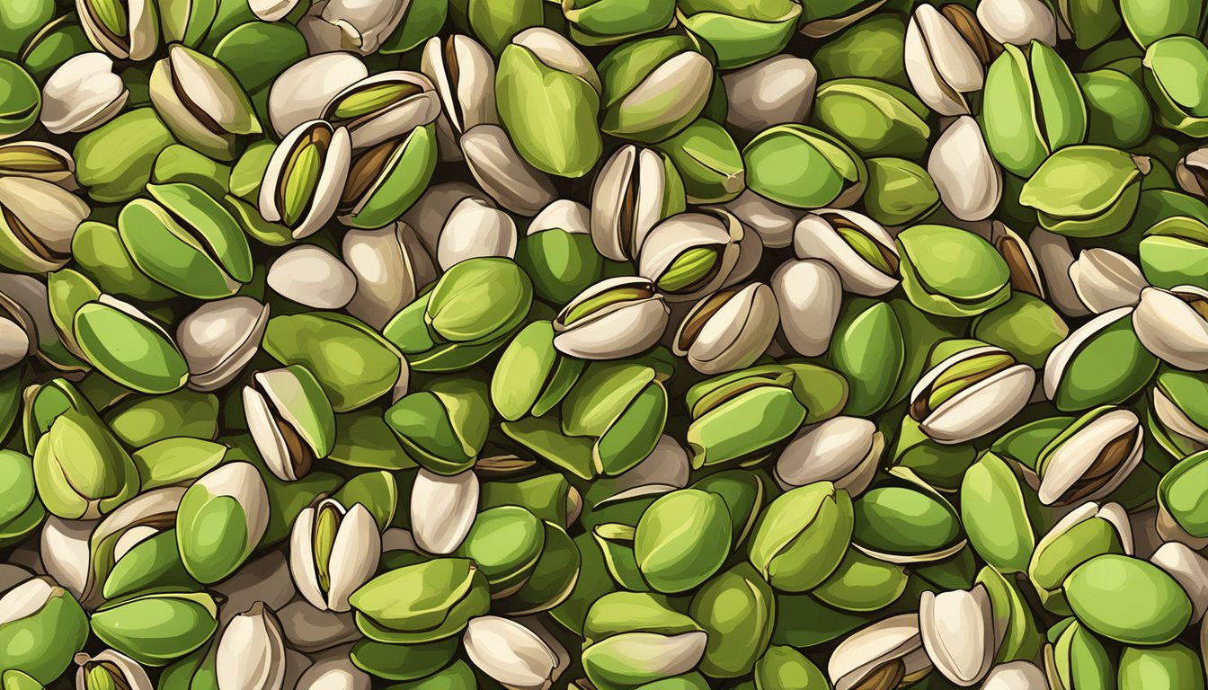 A pile of pistachios, some cracked open, with their shells scattered around