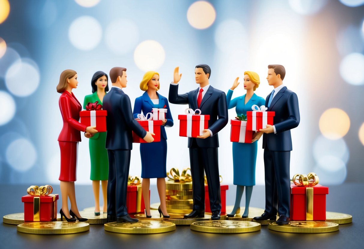 A group of figures debating while holding gift boxes and surrounded by symbols of wealth and finance