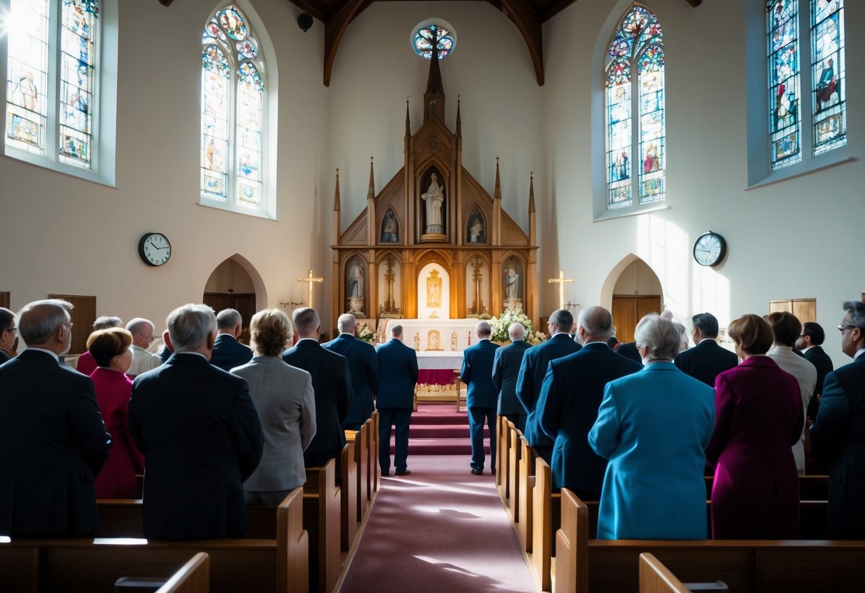 A group of figures gathered in a church, facing the altar. Sunlight streams through stained glass windows. A clock on the wall reads 3:00